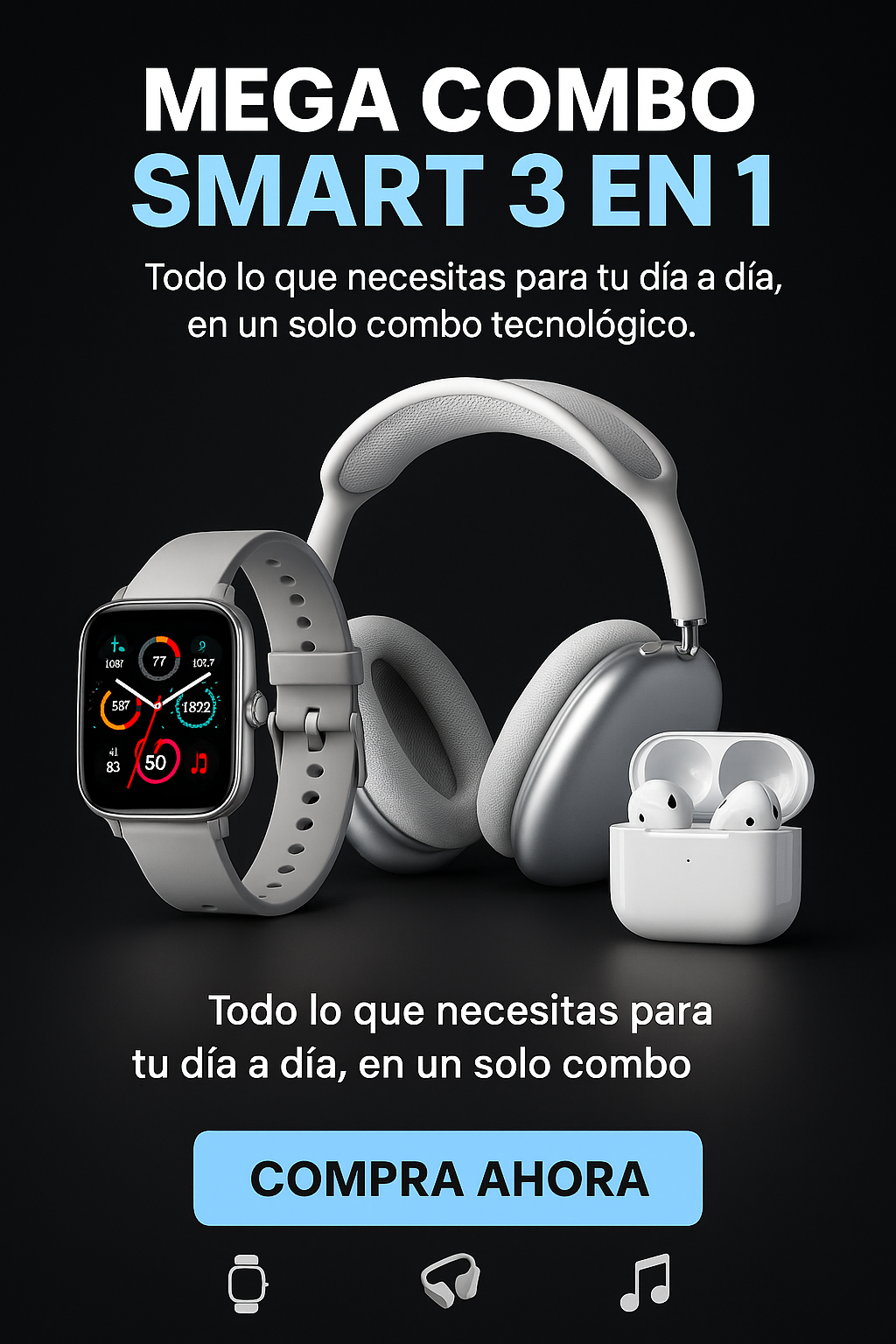 COMBO K32 RELOJ, AIRPODS,DIADEMA,7PULSOS
